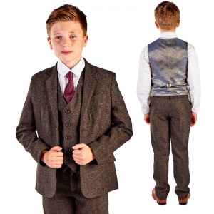 Boys Dark Brown Brushed Tweed 5 Piece Jacket Suit